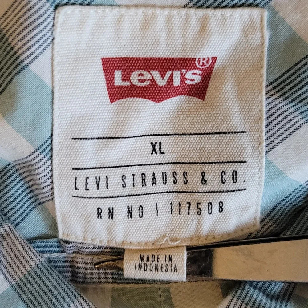 Levi's Button‎ Down Shirt Mens XL Teal White Gingham Short Sleeve Check Plaid